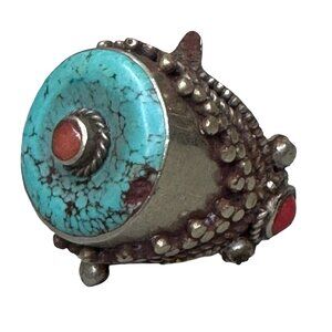 Vintage Tibetan Turquoise Coral Statement Ring Handcrafted Ethnic Size 12 Mens